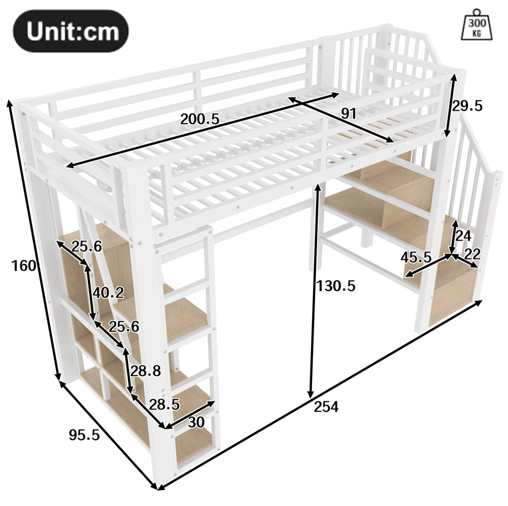 Letto a soppalco ULEVR 90x200 cm con LED multicolore, scale con ripiani e sponde di sicurezza, bianco