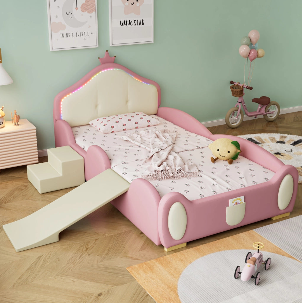 Letto per bambini imbottito 90x200 cm con scivolo; scala e LED multicolore; rosa e beige