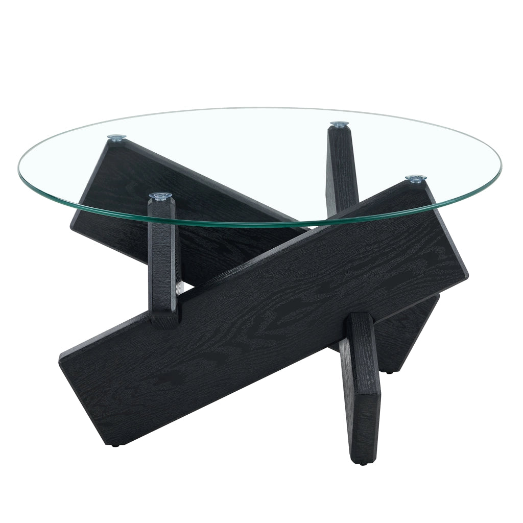 Tavolino da salotto rotondo in vetro temperato 8 mm e MDF nero 79x45 cm