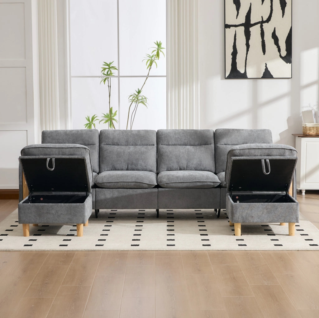 Divano modulare 4 posti in ciniglia grigio chiaro con 2 pouf contenitore