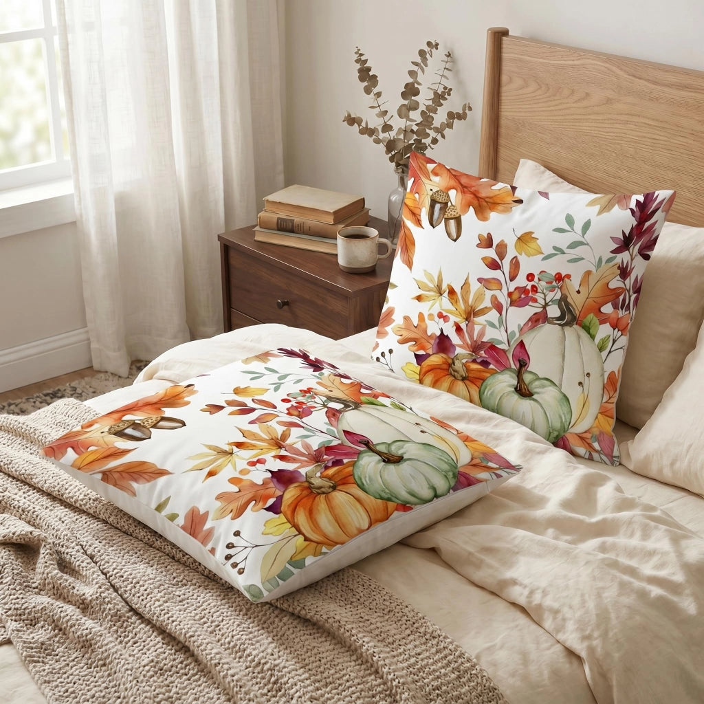 Set di 2 federe per cuscini, 40x40 cm, velluto, motivo autunnale: foglia d'acero e zucca, colore arancione