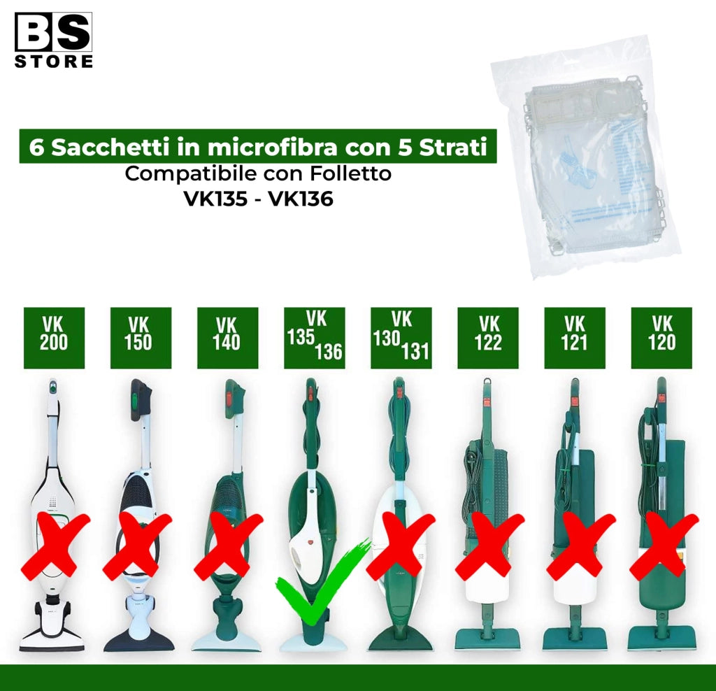 6 sacchetti in microfibra per aspirapolvere VK135/VK136, 5 strati, codice prodotto 45030