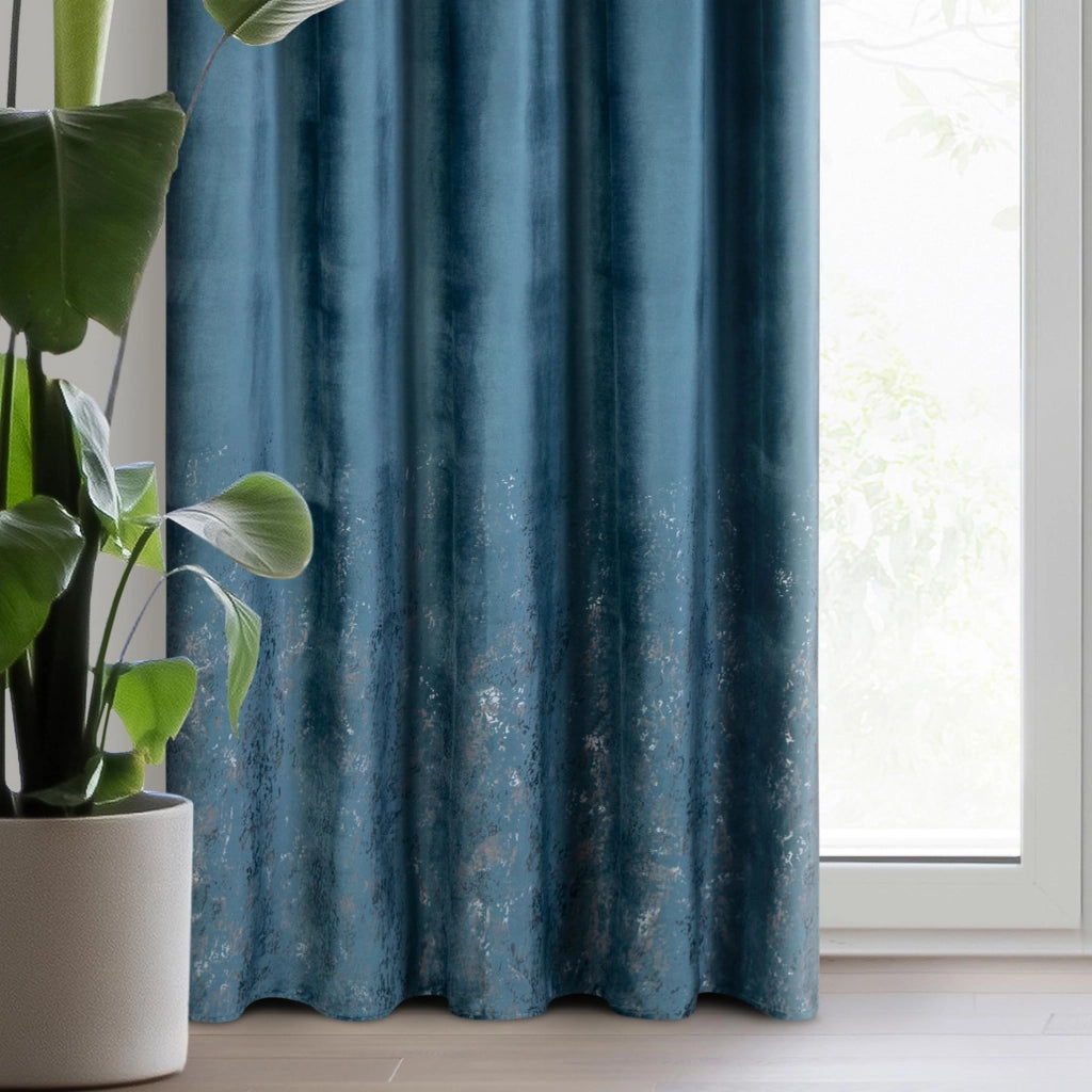 Tenda in velluto con motivo dorato, 140x270 cm, azzurra, 1 pezzo