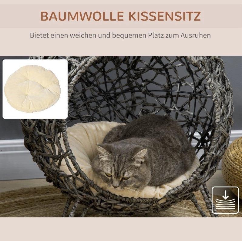 Cuccia per gatto in rattan Ø52 x 58 cm grigio argento con cuscino, gambe rialzate