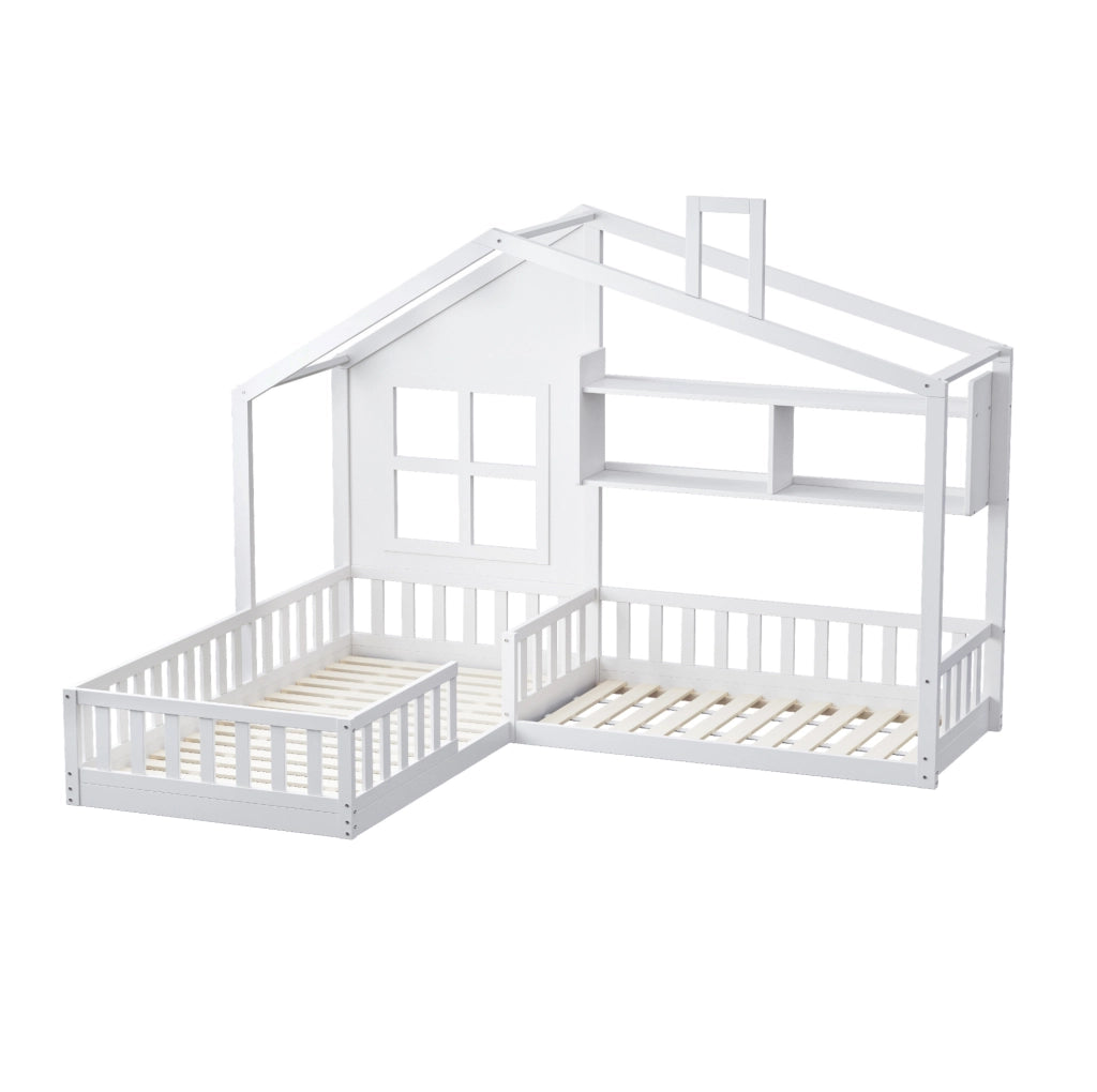 Letto per bambini a casetta 90x200 cm con ripiani e sponde; in MDF; bianco
