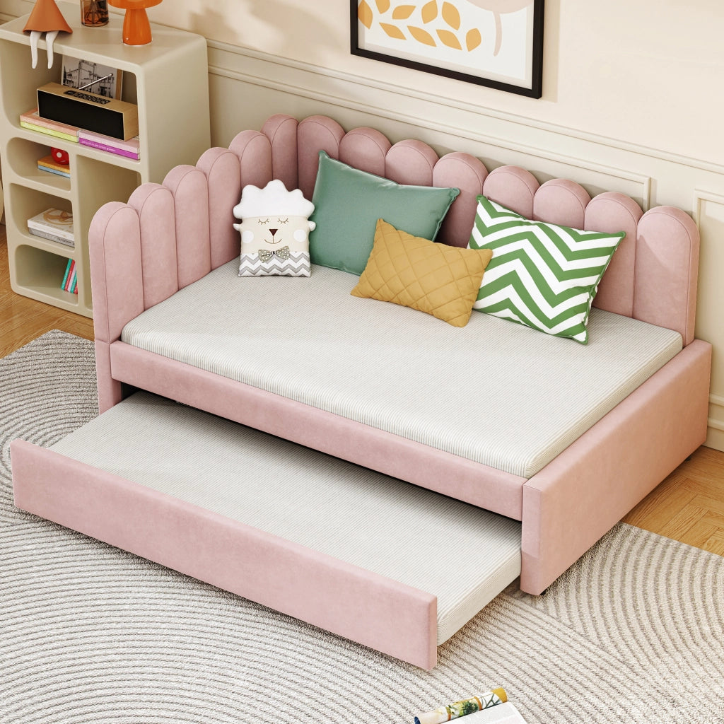 Letto estraibile imbottito a L 140 × 200 cm in velluto rosa con schienale a forma di petalo e rete a doghe