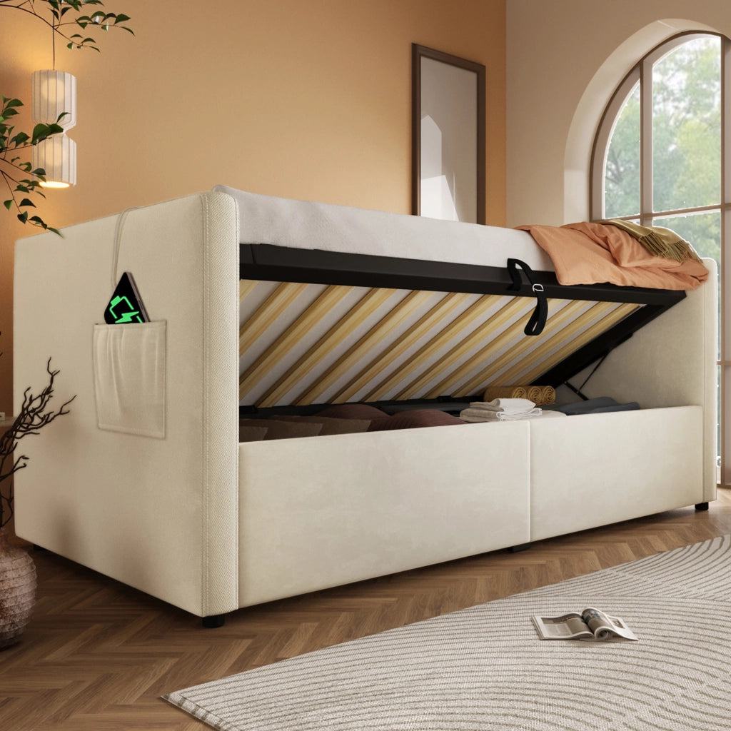 Letto imbottito 90 × 200 cm con contenitore idraulico e ricarica USB Type-C; rivestito in velluto beige