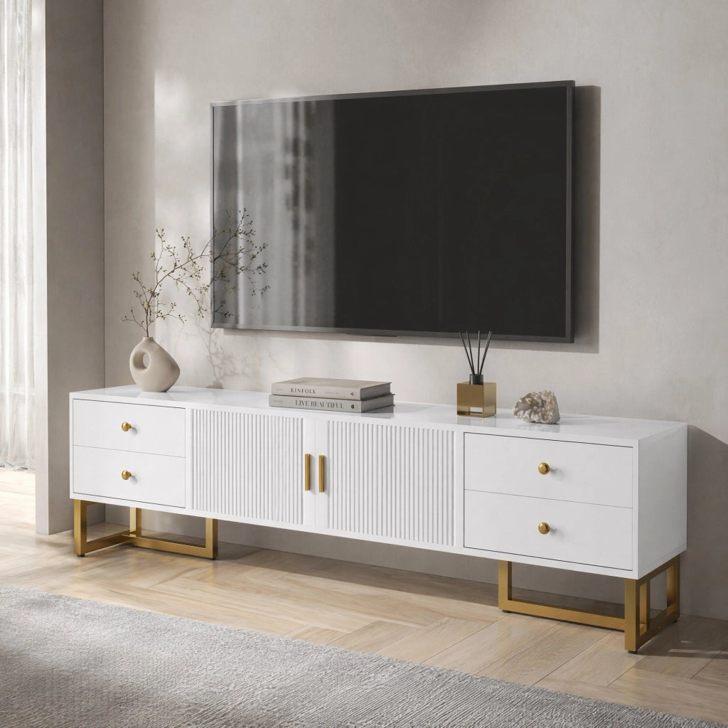 Mobile TV basso moderno in MDF bianco da 175 cm con 4 cassetti, 2 ante, vano centrale e piedi dorati, design testurizzato per soggiorno elegante