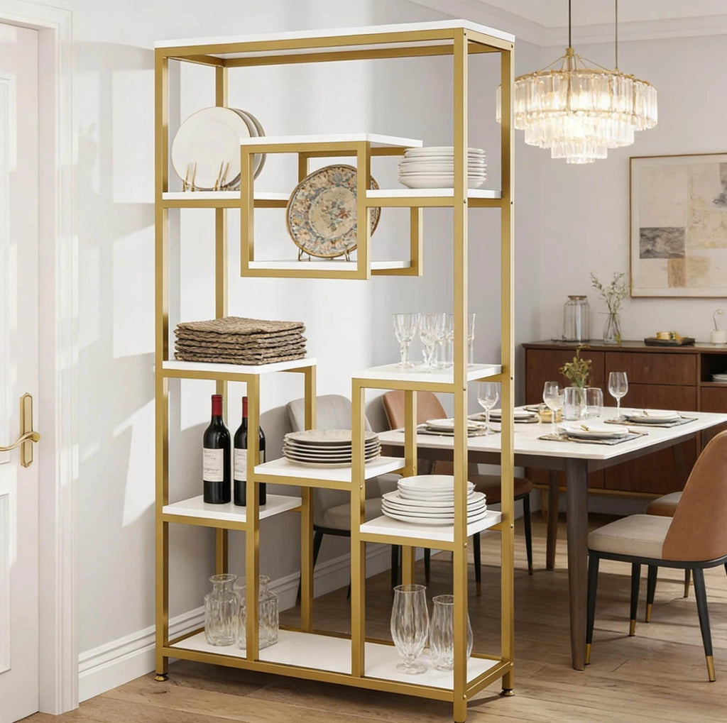 Libreria aperta 90 x 34 x 182 cm in metallo e legno, oro e bianco