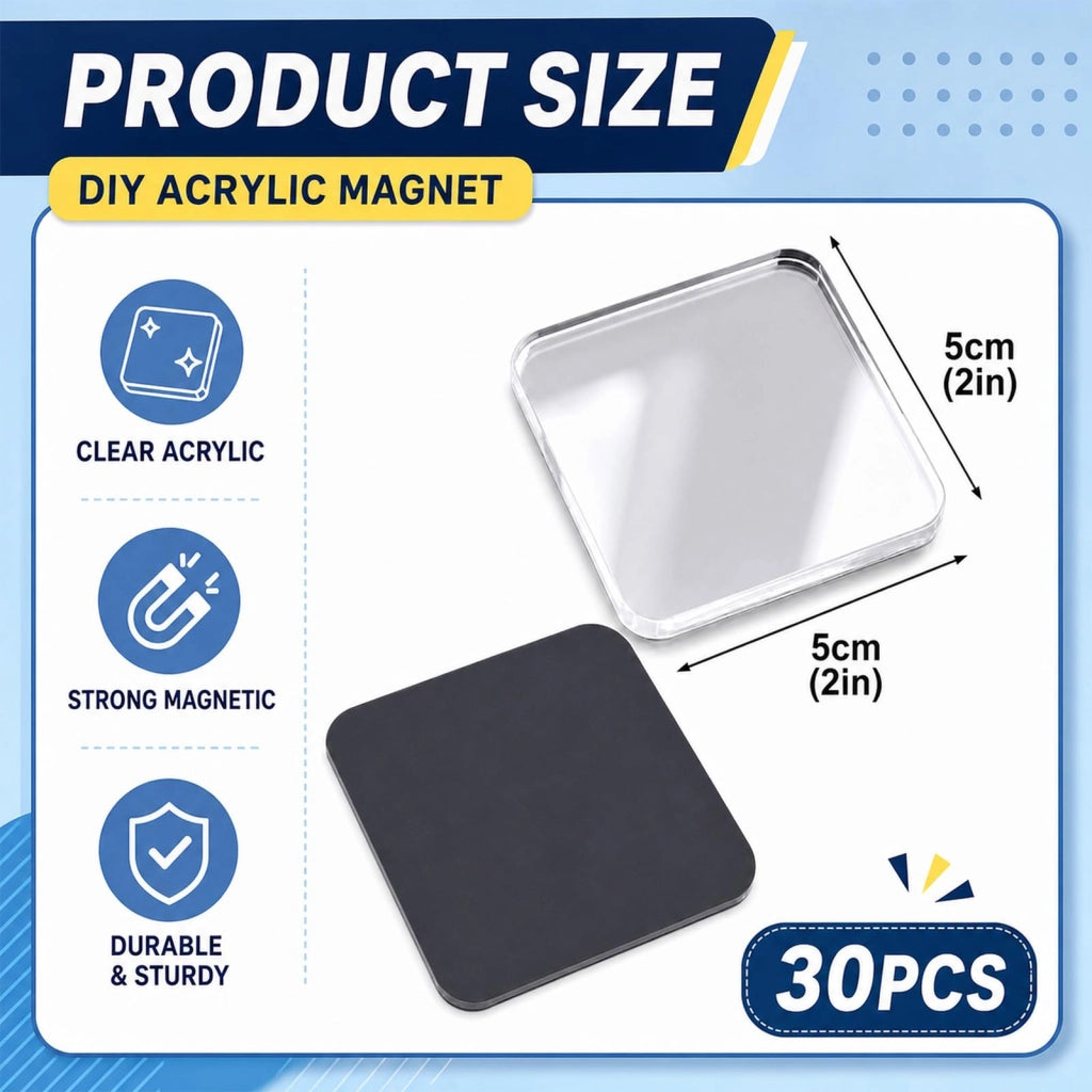 30 calamite da frigorifero in acrilico con striscia magnetica, 5 x 5 cm, trasparenti, kit fai-da-te