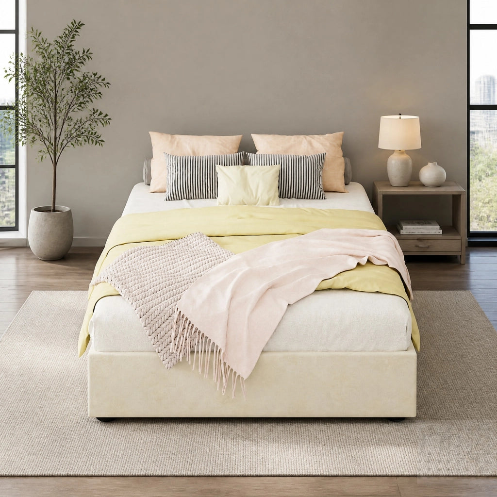 Letto singolo 90x200 cm con contenitore a sollevamento pneumatico; tessuto beige e metallo