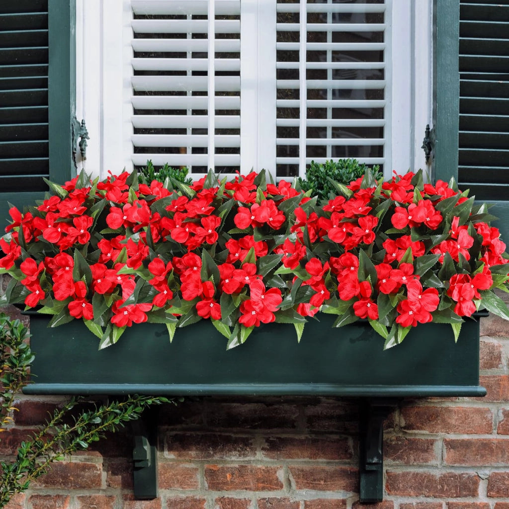 Set di 4 fiori artificiali, resistenti ai raggi UV, in seta, modello geranio e impatiens, colore rosso