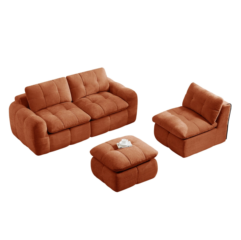 Divano modulare a U 264x160x68 cm in ciniglia arancione, 3 posti con 2 pouf