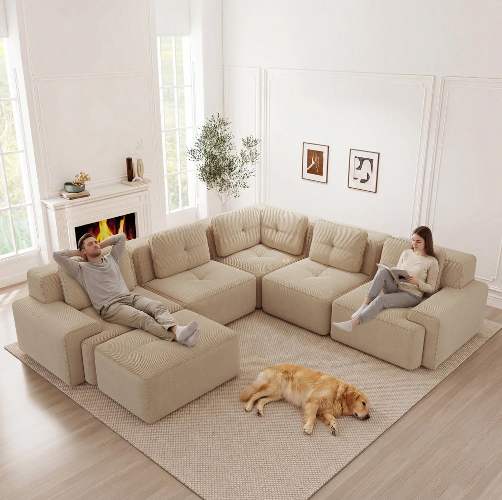 Divano angolare modulare in velluto a coste beige
