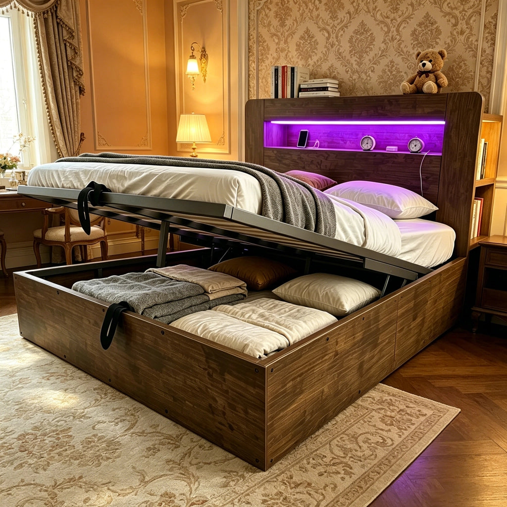 Letto contenitore 140 × 200 cm con sollevamento idraulico testiera con LED prese e vani in legno vintage