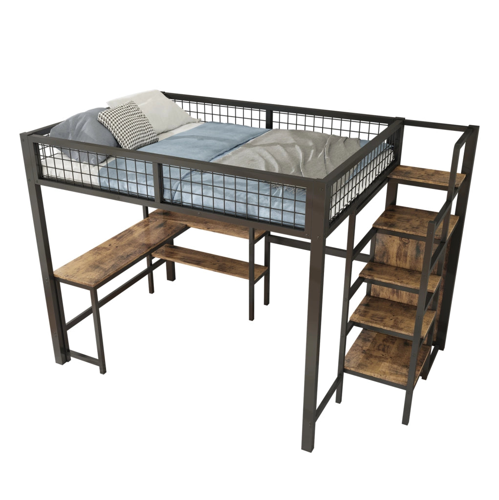 Letto a soppalco 140x200 cm in ferro con scrivania, scaffali e armadio integrato, nero