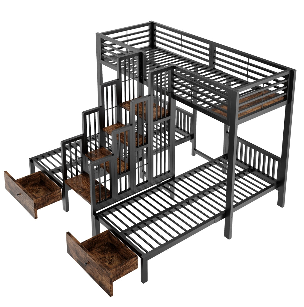 Letto a castello triplo 90 x 200 cm in metallo e legno nero con scala e 2 cassetti