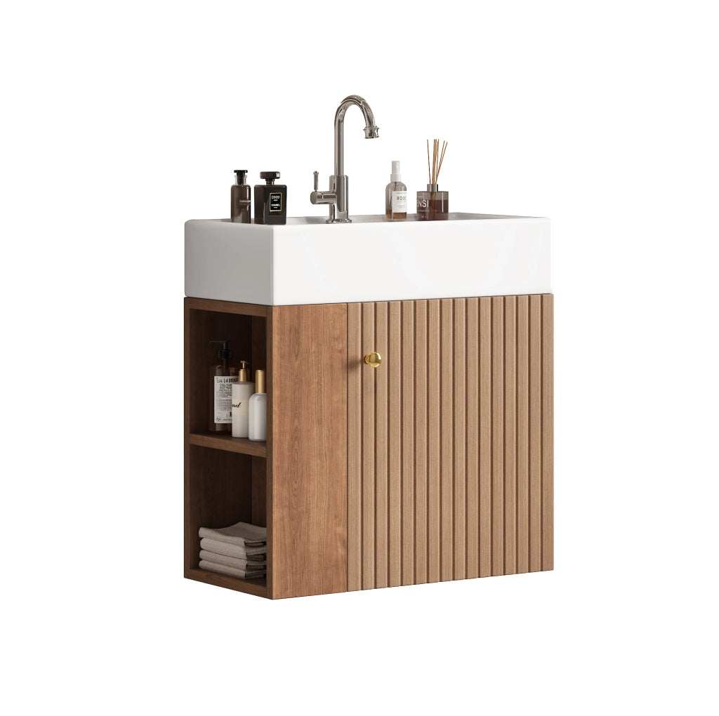 Mobile bagno sospeso con lavabo in ceramica bianco lucido 55 cm, armadietto compatto con maniglia in metallo