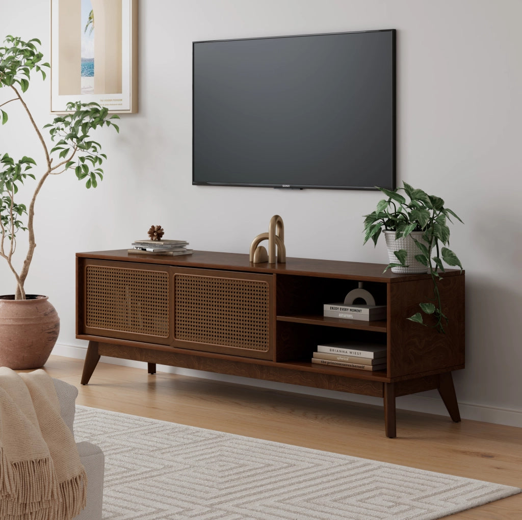 Mobile TV fino a 65 pollici con ante in rattan, finitura noce