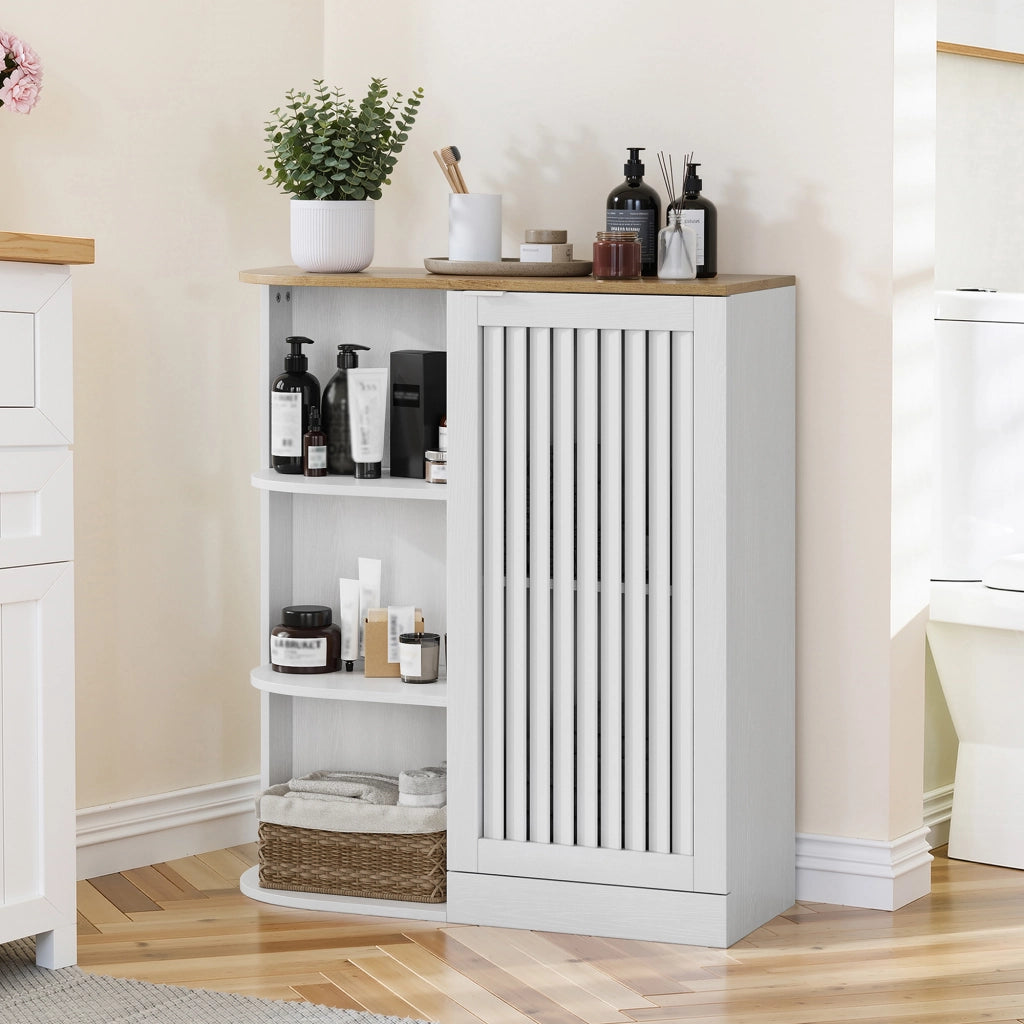 Mobile da bagno ad angolo 68 × 25 × 76 cm bianco e rovere con 3 ripiani aperti ante a griglia e ripiani regolabili