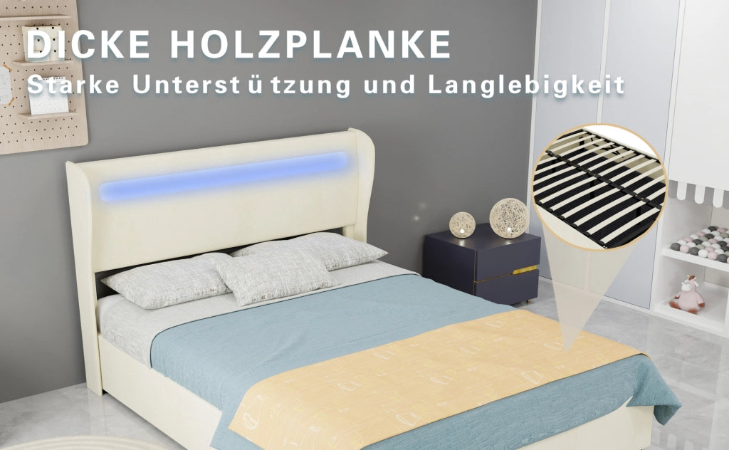 Letto contenitore adulti 140x200 cm con testiera regolabile e LED in tessuto beige per camera da letto, senza materasso