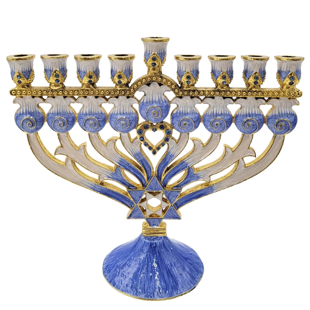 Menorah di Chanukkah, smaltata, con simbolo della Stella di David e cuore, altezza 30 cm