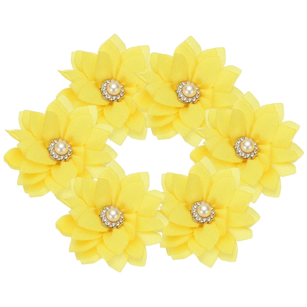 6 fiori in chiffon con strass, confezione da 6 pezzi, colore giallo chiaro, dimensioni 6 cm