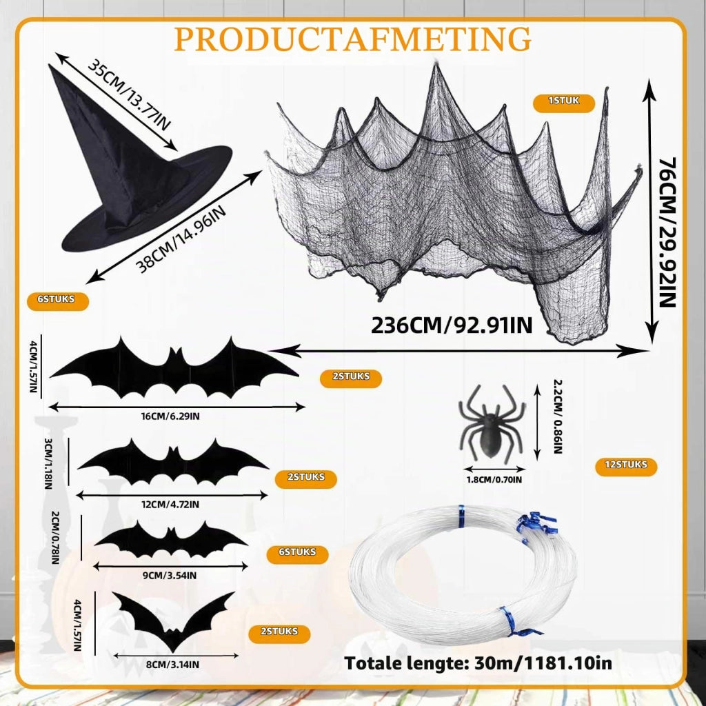 Set di decorazioni per Halloween: 6 cappelli da strega, 30 metri di filo da pesca, veli, adesivi e ragni