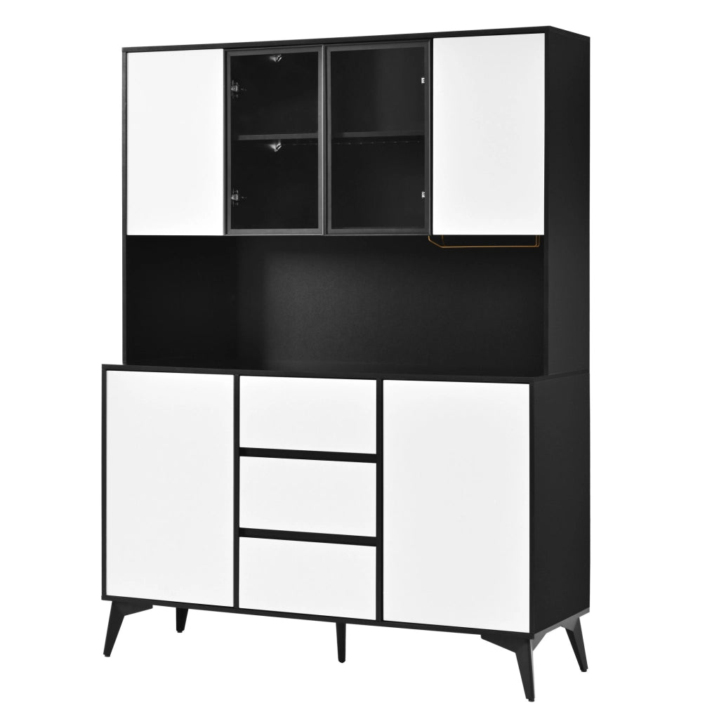 Credenza vetrina 120x40x160 cm in MDF nero e bianco con LED, cucina