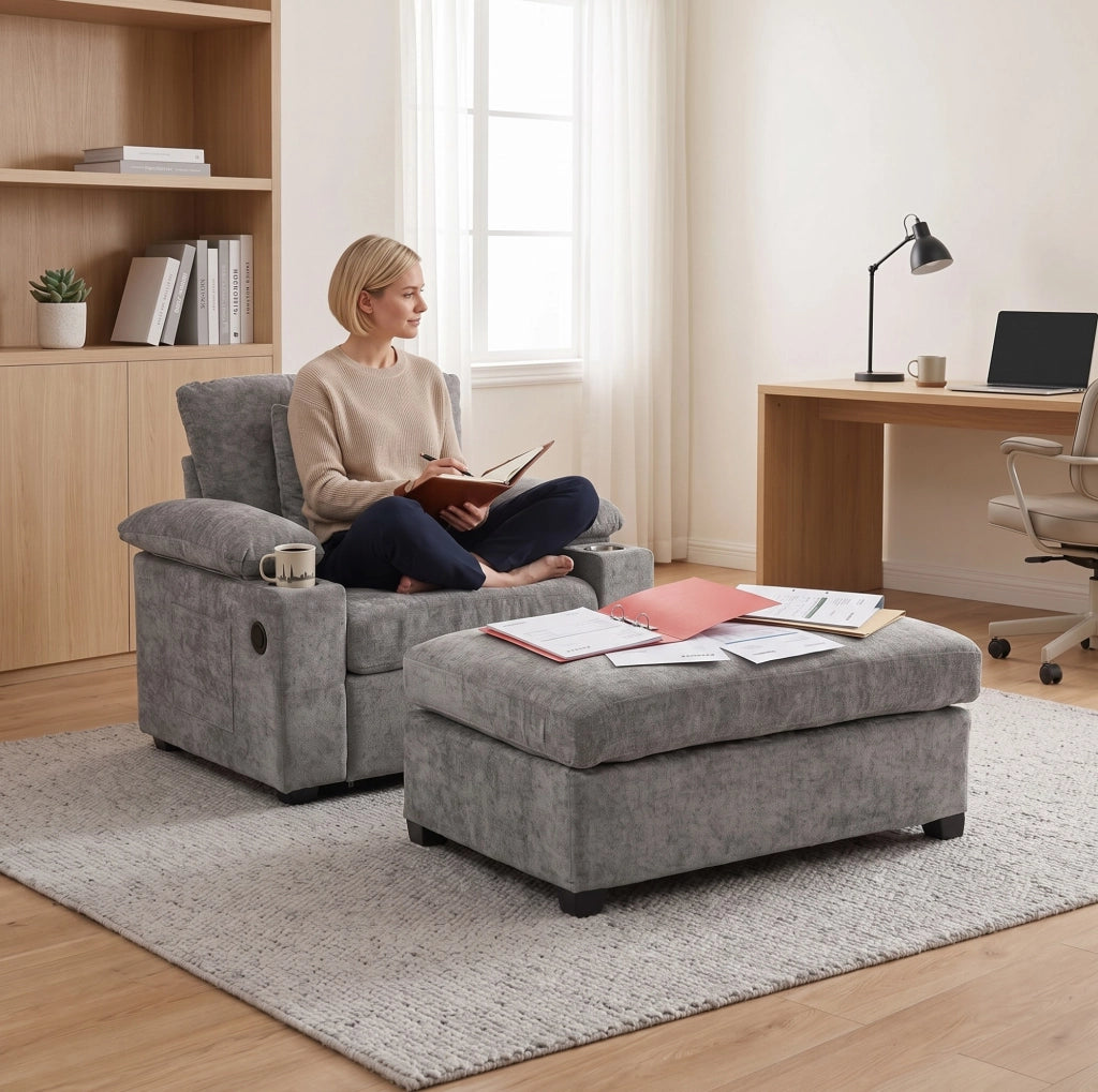 Poltrona trasformabile con pouf in ciniglia grigia e presa USB