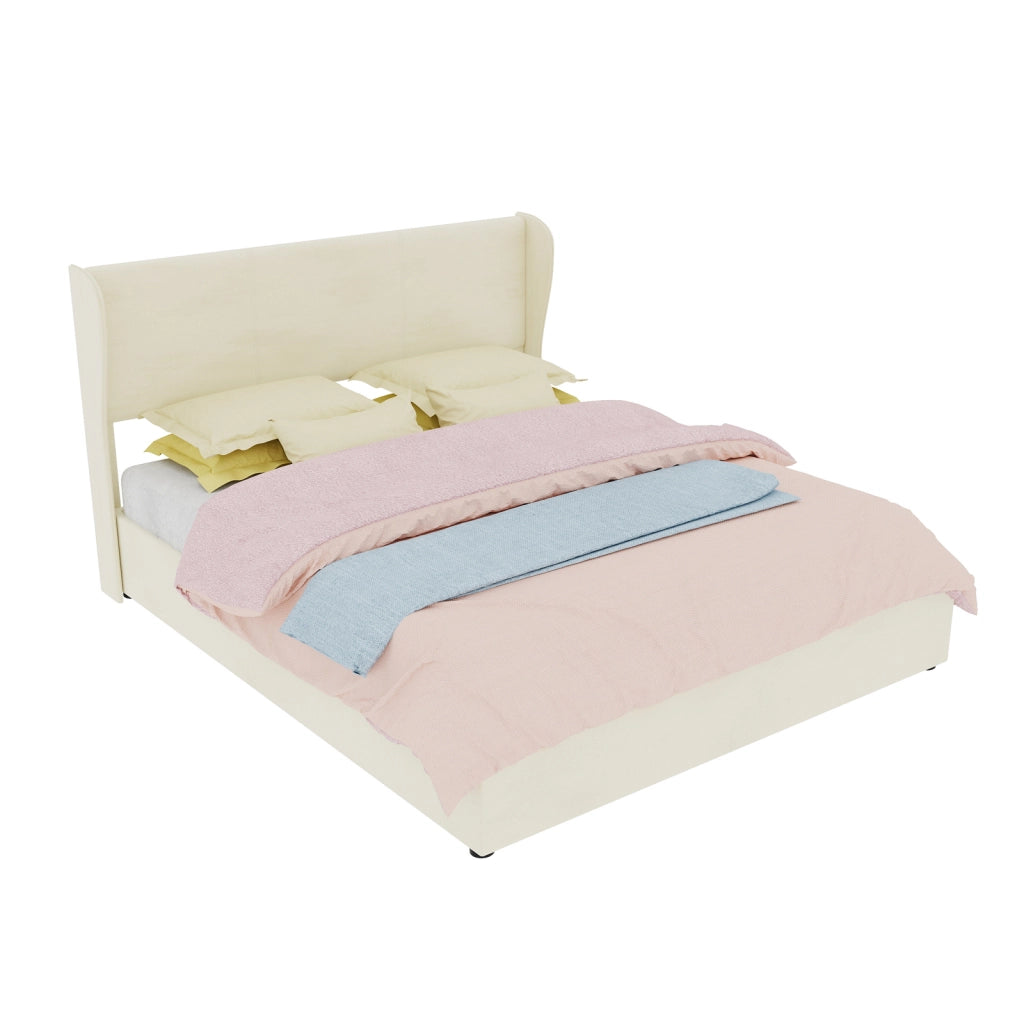 Letto 160x200 cm, Testiera e Schienale in Velluto - Struttura in Metallo - Beige