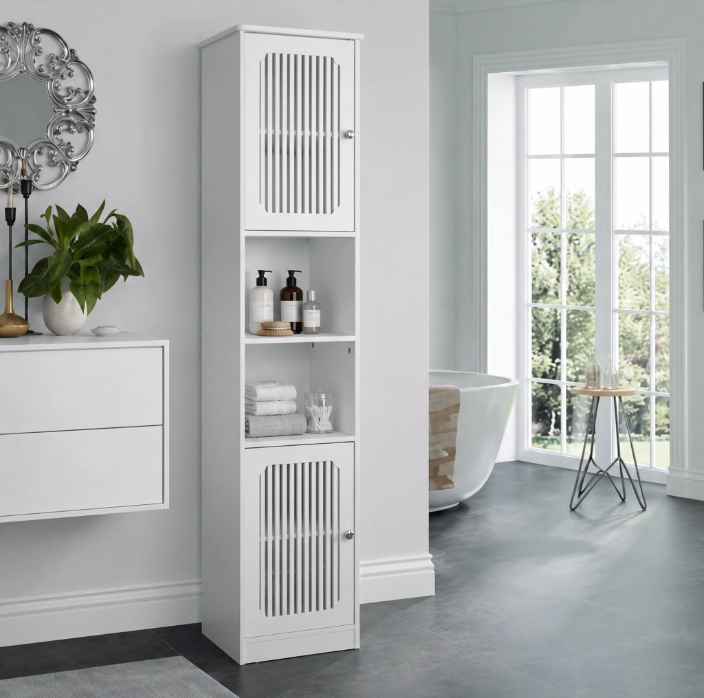 Mobile bagno alto 163 cm in MDF bianco con ripiani regolabili e ante a lamelle