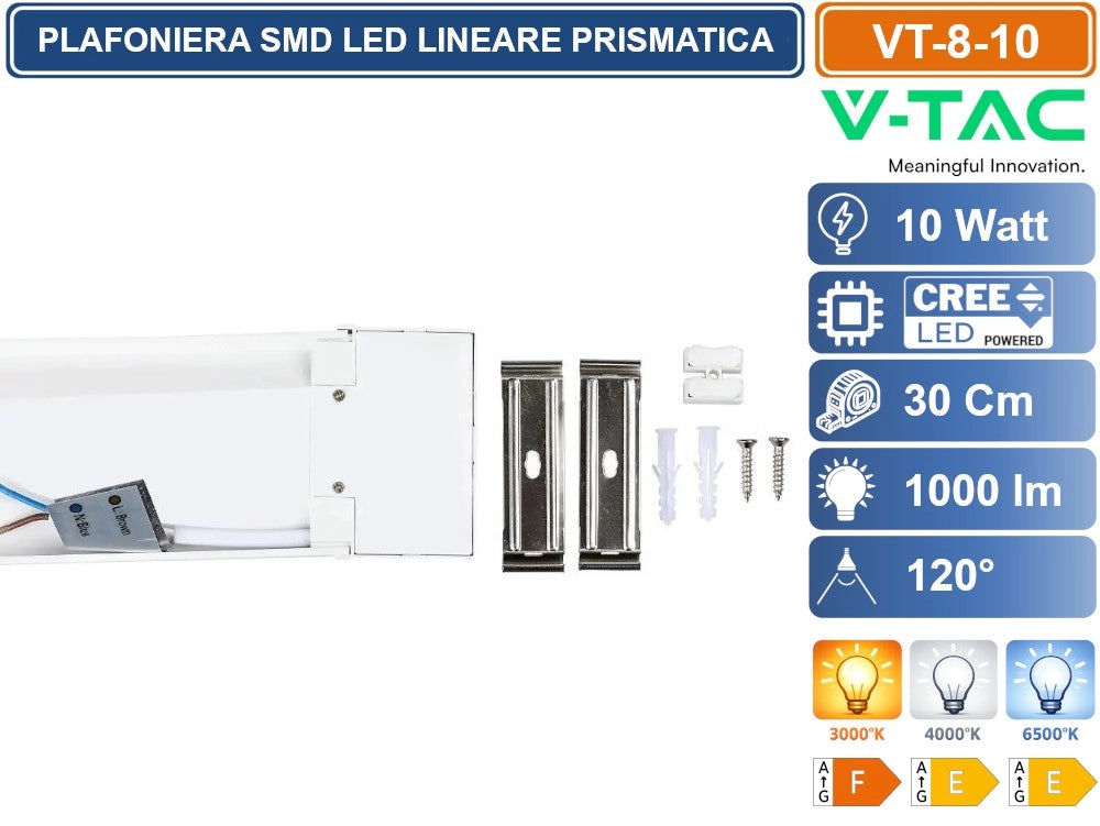 V-TAC VT-8-10 TUBO LED PRISMATICO PLAFONIERA 10W LAMPADINA 30CM SMD CHIP CREE - Colore Luce:Bianco Naturale