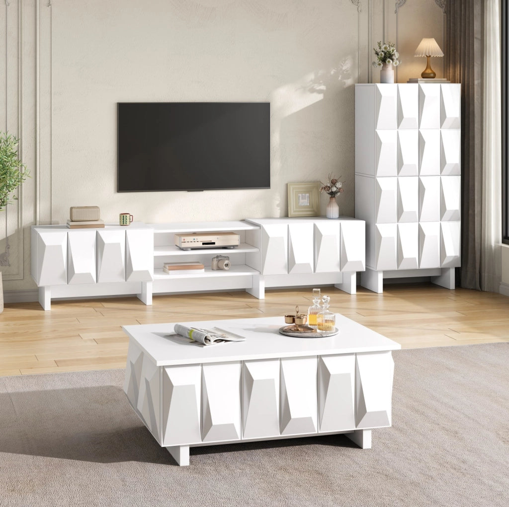 Set di mobili da soggiorno bianco con frontali 3D, 3 pezzi