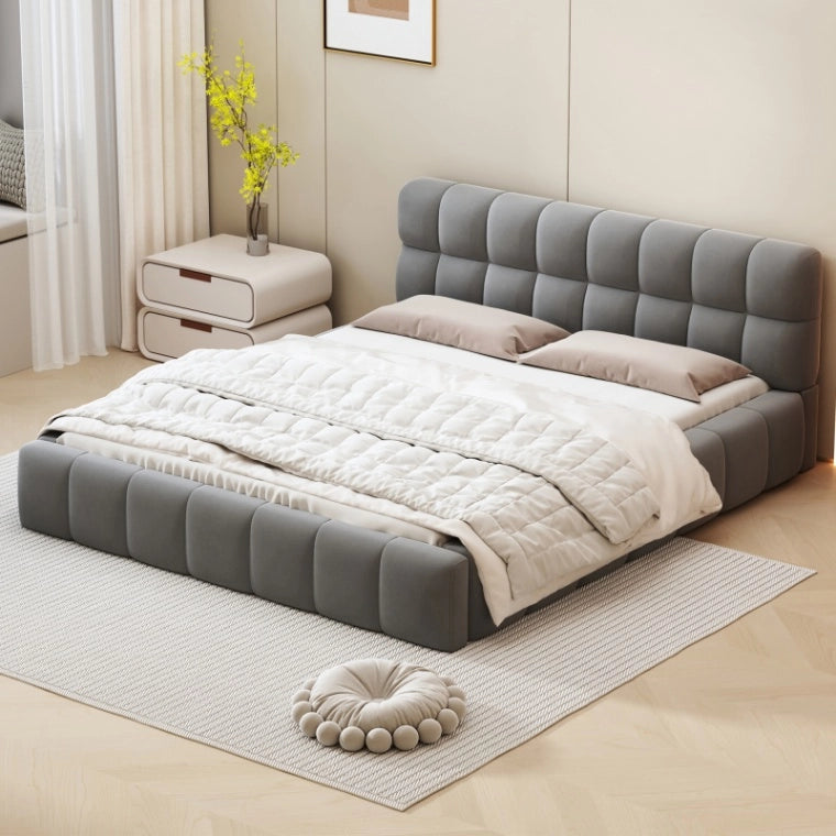 Letto Bubble 140x200 cm; Letto Matrimoniale Imbottito; Struttura Letto con Testiera e Rete a doghe; Letto Moderno; Senza Materasso; Lino Grigio