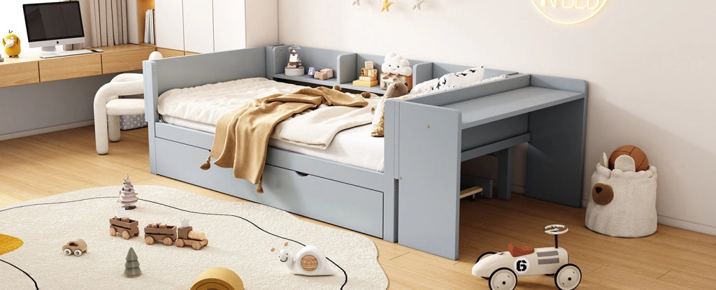 Letto singolo 90x200 cm in pino e MDF con letto estraibile, scrivania integrata e tre scaffali laterali grigio