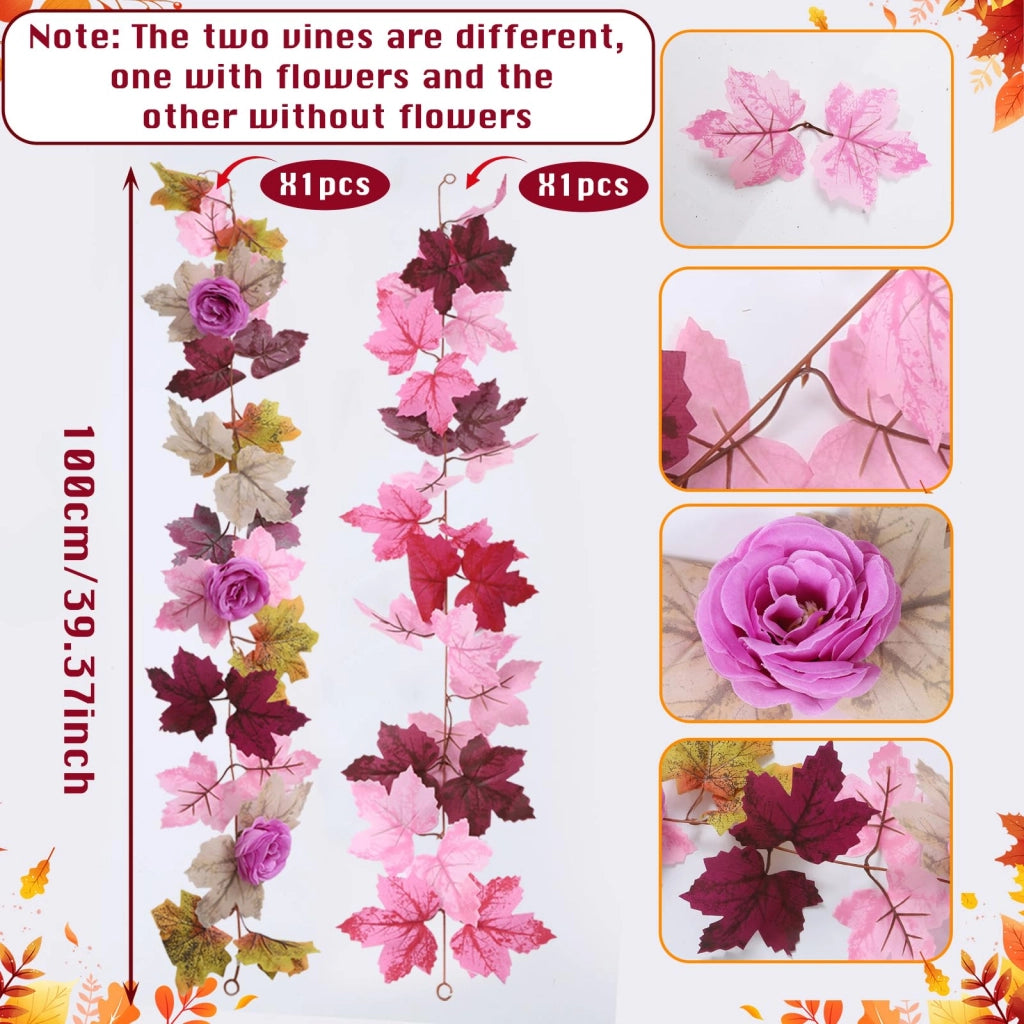 Set di 2 ghirlande autunnali, realizzate con foglie artificiali, lunghezza 100 cm, colore rosa