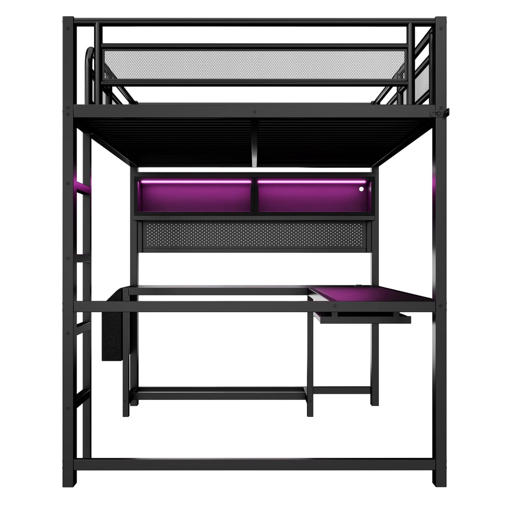 Letto a soppalco 140 × 200 cm con scrivania illuminazione led ricarica mdf e metallo nero