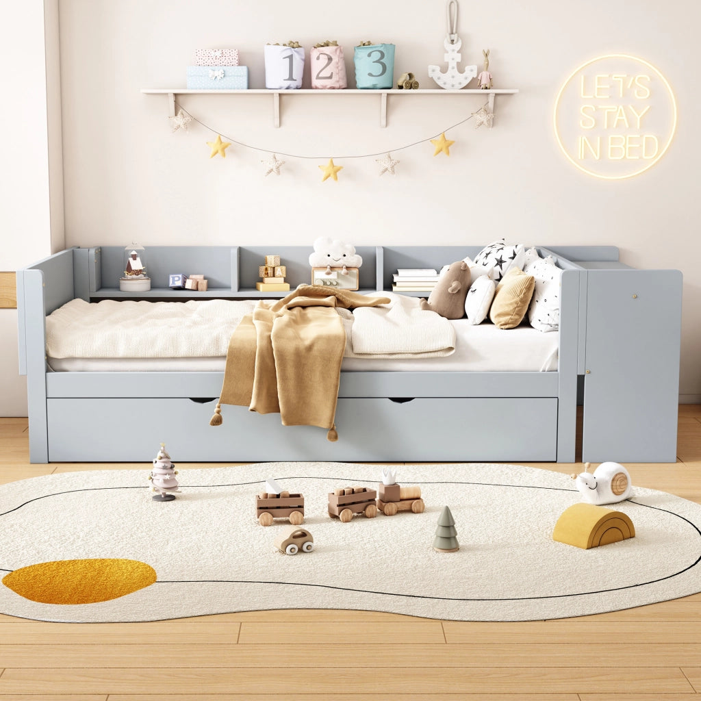 Letto singolo 90x200 cm in pino e MDF con letto estraibile, scrivania integrata e tre scaffali laterali grigio