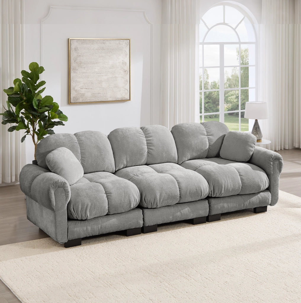 Divano 3 posti cloud 260x86x90 cm in ciniglia grigio chiaro con 2 cuscini, montaggio facile