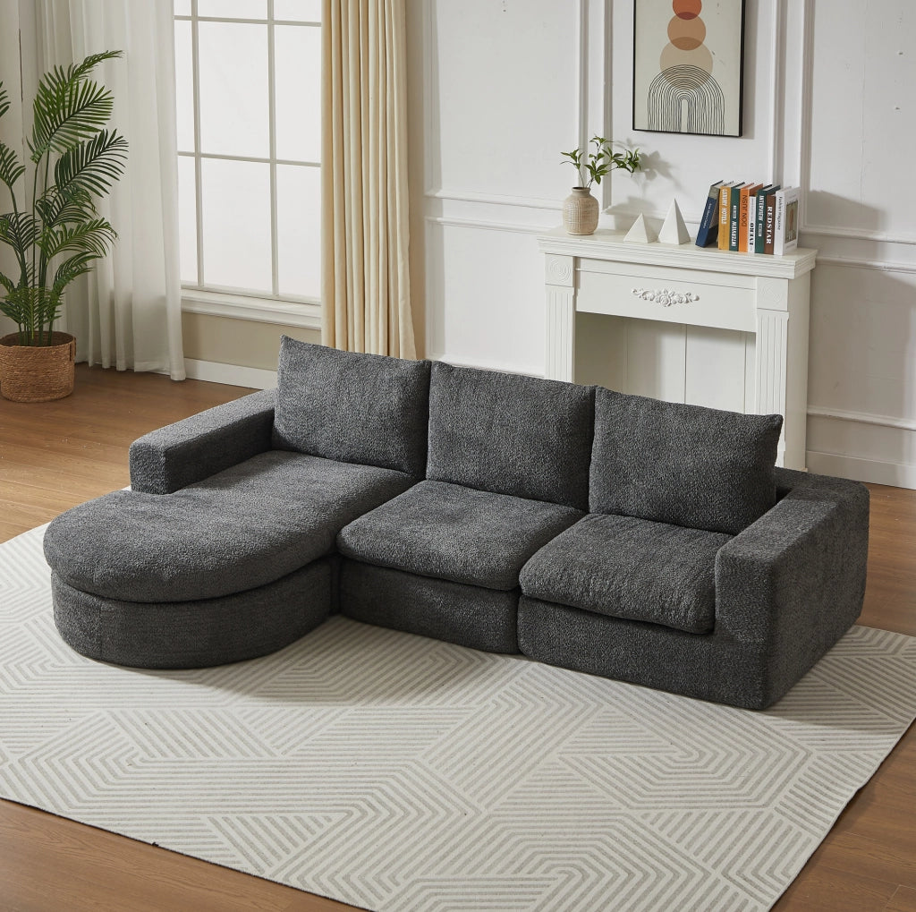 Divano modulare con chaise longue reversibile in ciniglia grigia