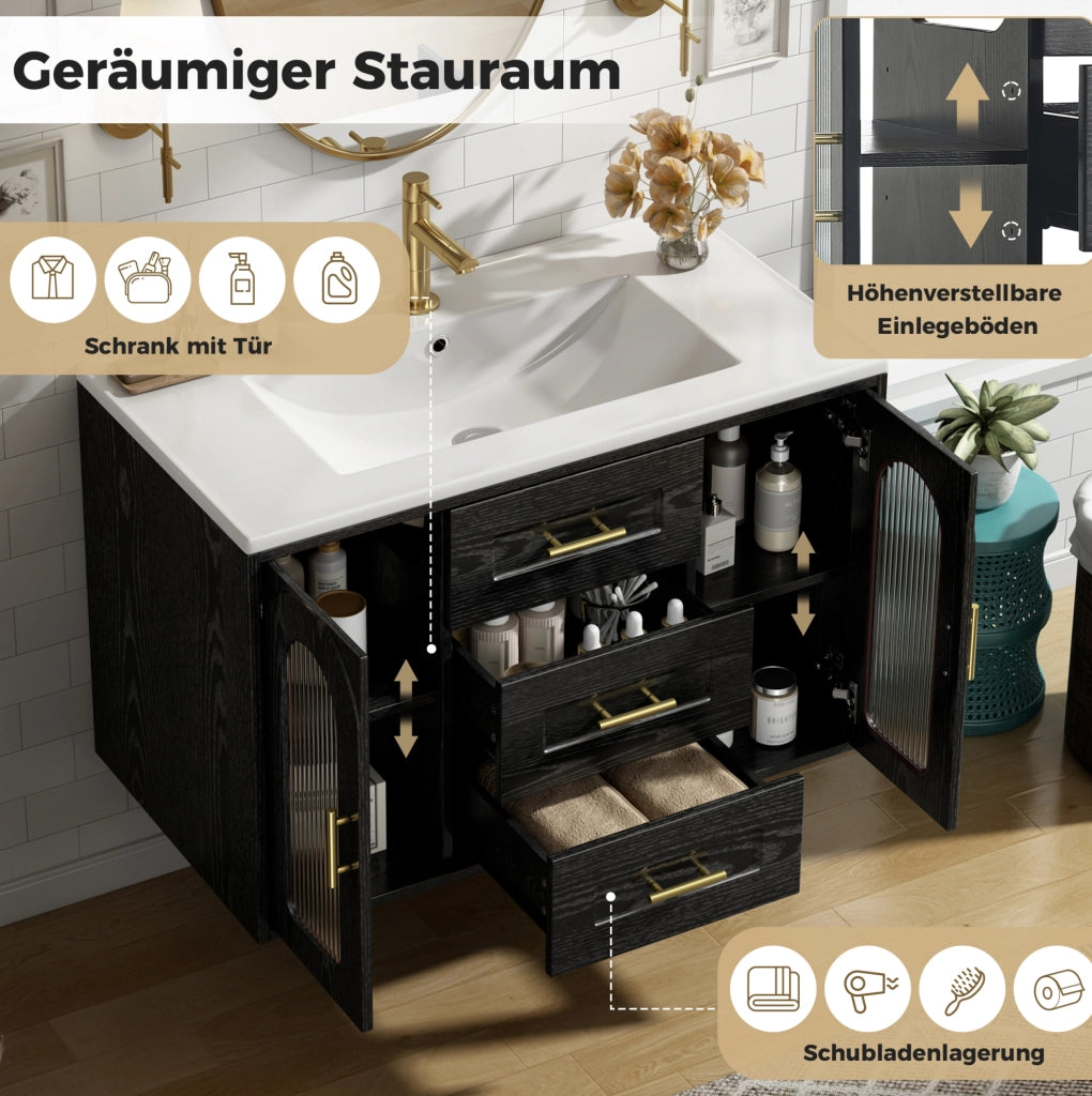 Mobile bagno sospeso nero 76 cm con lavabo, LED e ante in vetro