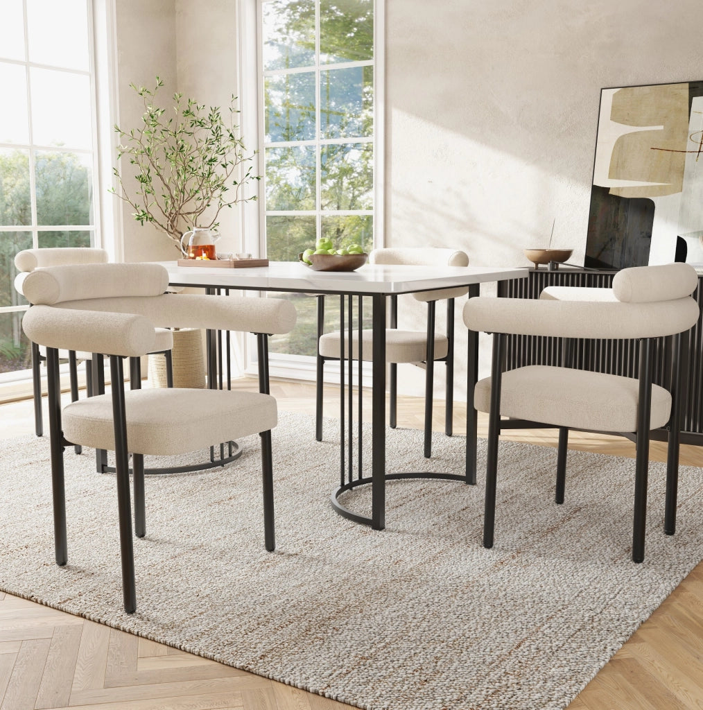 Set da pranzo con tavolo 140x80x75 cm in ferro e MDF e 4 sedie in velluto, bianco e beige