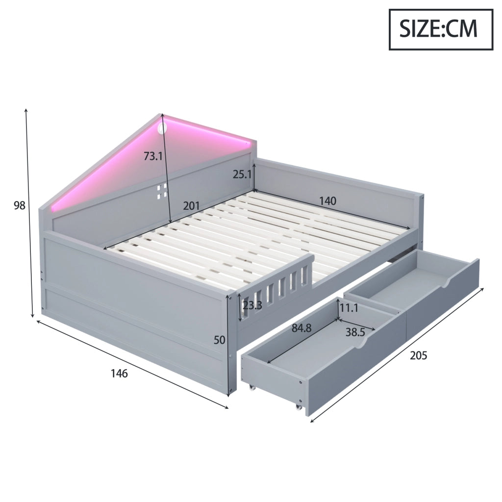 Letto singolo multifunzione 140 × 200 cm con cassetti luce LED legno e MDF grigio portata massima 150 kg