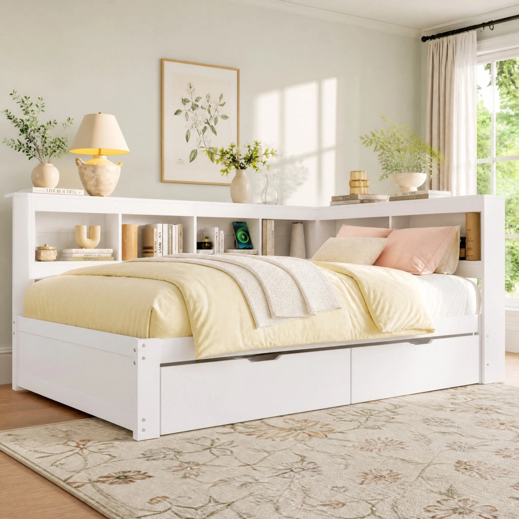 Struttura letto a divano 140 × 200 cm con due cassetti presa e due USB in legno bianco con rete a doghe