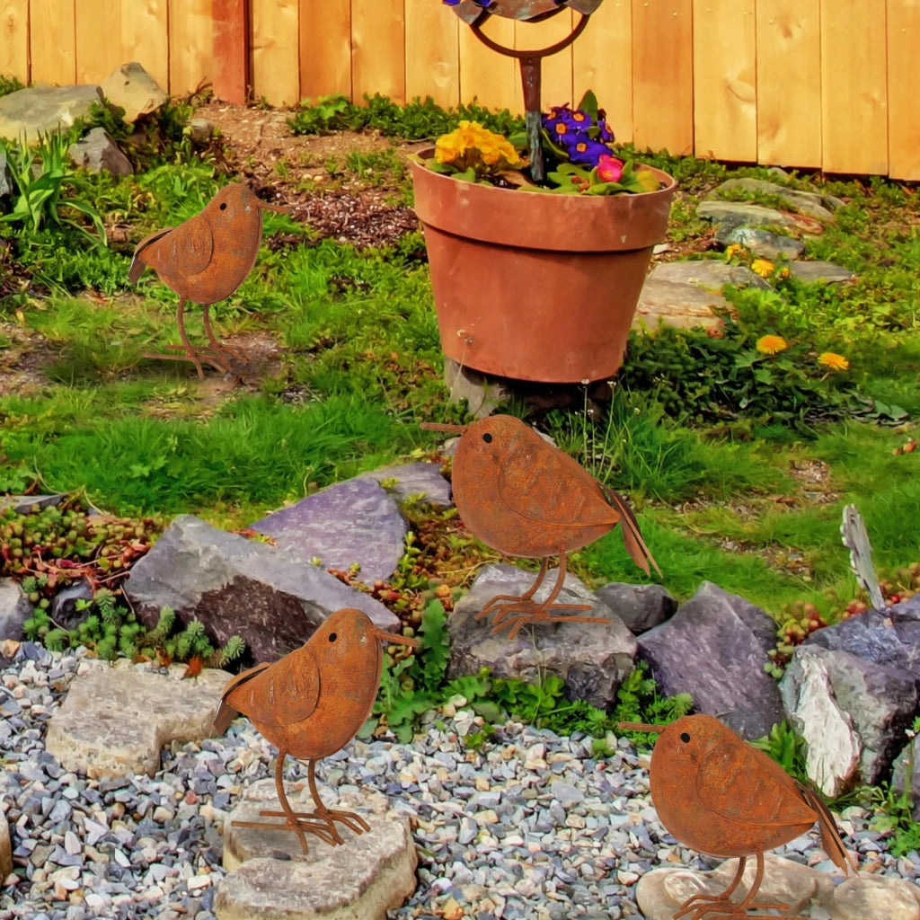 Set di decorazioni per il giardino, composto da 4 uccelli in metallo arrugginito, resistenti agli agenti atmosferici, con un aspetto rustico