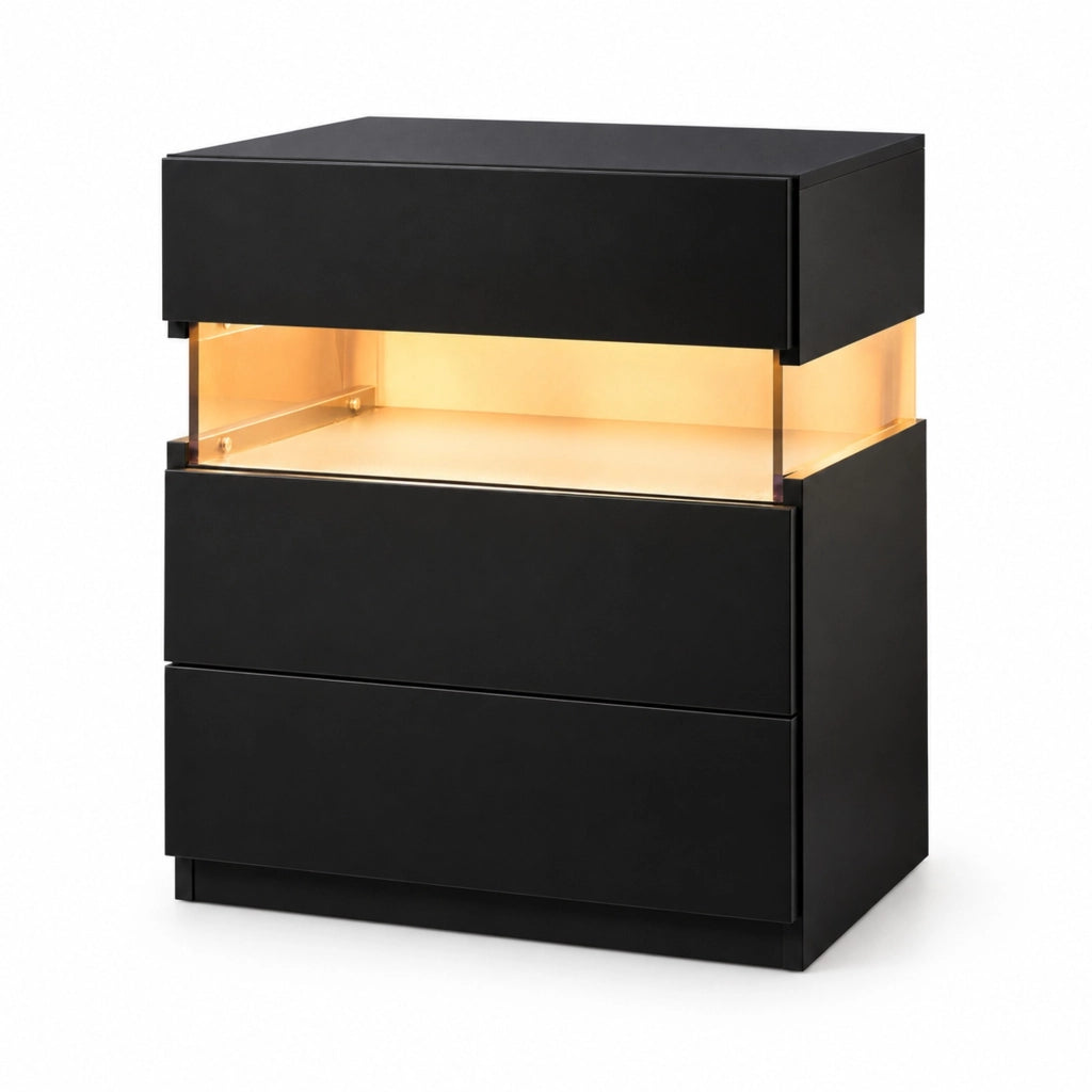Comodino LED con 3 Cassetti e Pannello Acrilico Nero per Camera da Letto e Soggiorno