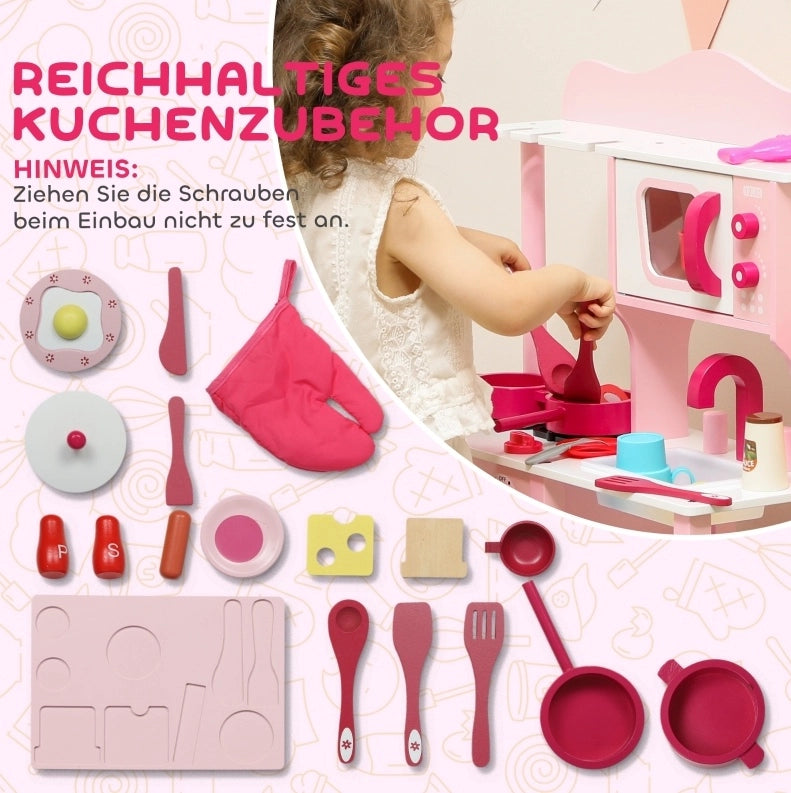 Cucina giocattolo per bambini rosa con accessori in legno ed effetti sonori