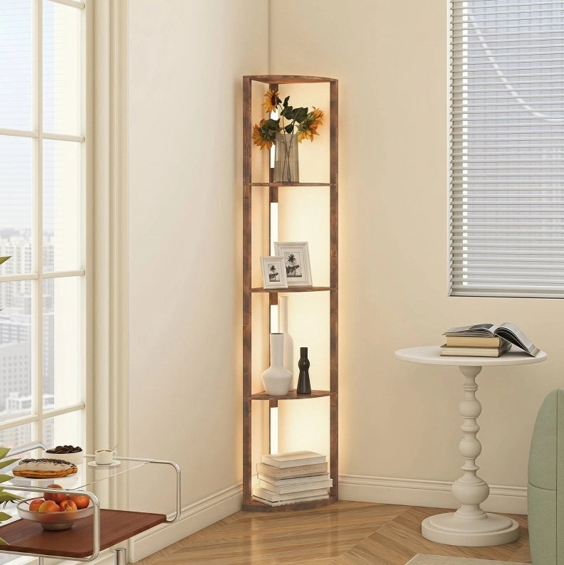 Lampada da terra regolabile con scaffale a 5 ripiani, marrone rustico