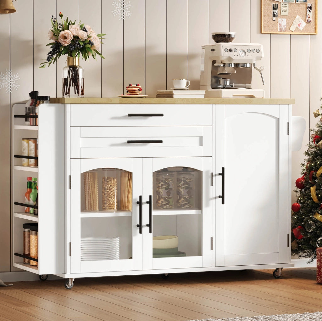 Isola cucina mobile con piano ribaltabile e 5 ruote in MDF naturale e bianco